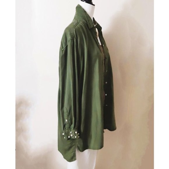 ZARA Forest Green Lyocell Womens Hi-Low Blouse White Pearl Cuffs L-Sleeve Collar - Picture 3 of 14